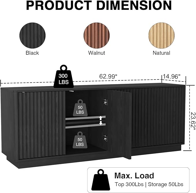 63'' Fluted TV Stand for TVs up to 75'', Modern Long Media Console with Storage Cabinets & Adjustable Shelves,Entertainment Center for Living Room Bedroom (Black)