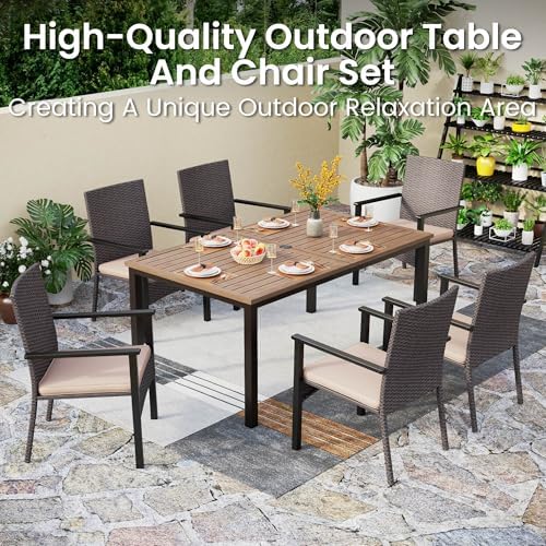 PHI VILLA 7 Piece Patio Dining Set, 64” Wood-Like Table, Rattan Chairs