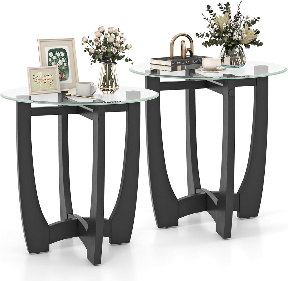 Giantex Glass End Tables Set of 2, Round Side Tables with Rubber Wood Frame &...