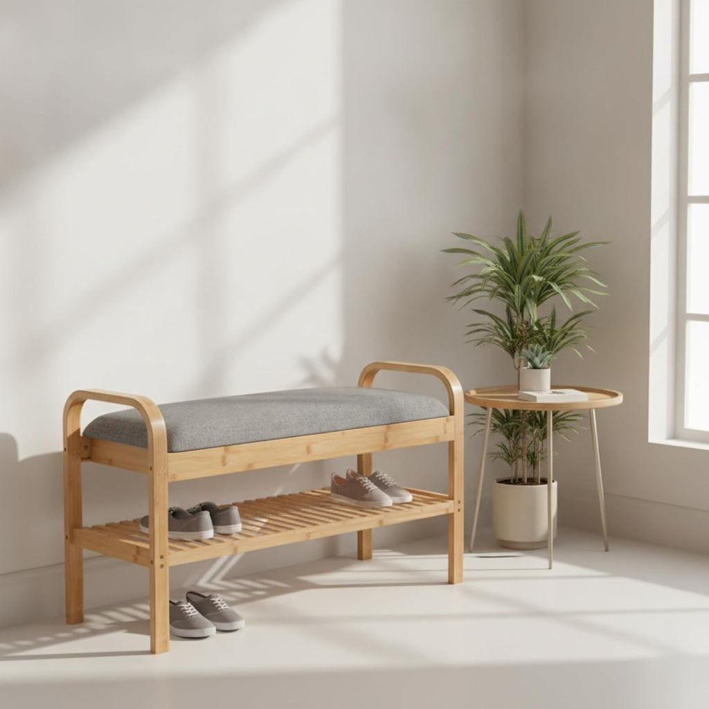 Children Footstool Organizer Bench with Upholstered Seat and Bamboo Shoe Rack Sturdy Build with Straight Legs Rounded Handles for Easy Carry Suitable for entryway Nursery Living Room Hallway