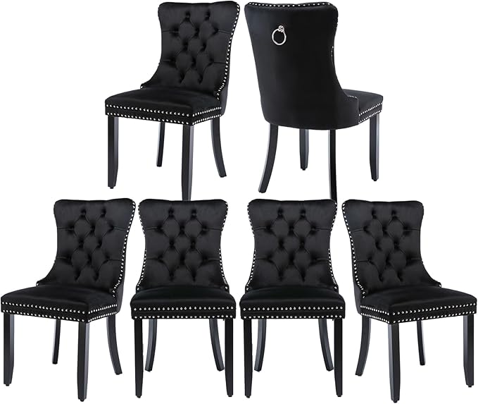 Velvet Dining Chair Set of 6, Tufted Upholstered Dining Room Chairs with Back Ring Pull, Nailhead Trim and Solid Wood Legs, Modern Dining Chairs for Dining Room, Kitchen(Black)