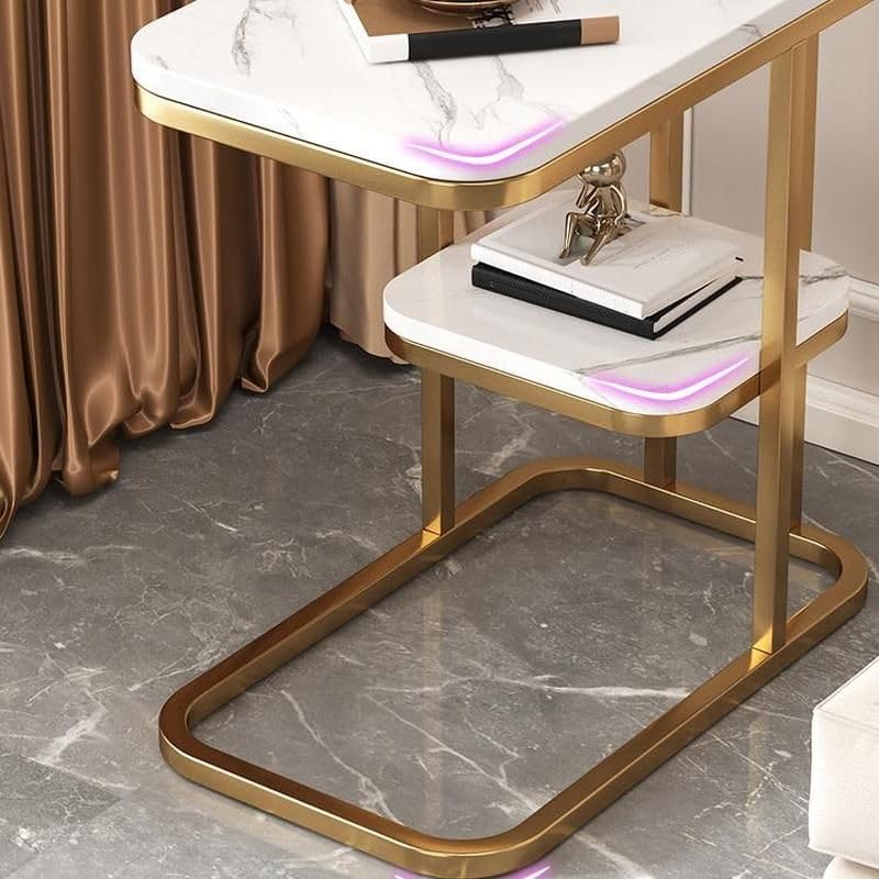 End Table, Modern Marble Side Table Sofa Table with Storage Shelf, Narrow Nig...