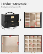 TORIBIO Jewelry Box for Women, Leather Jewelry Organizer with Mirror & Lock, 3-Tier Jewelry Storage Organizer with 2 Drawers for Girls/Women/Mothers, Necklace Earring Bracelets Holder Organizer