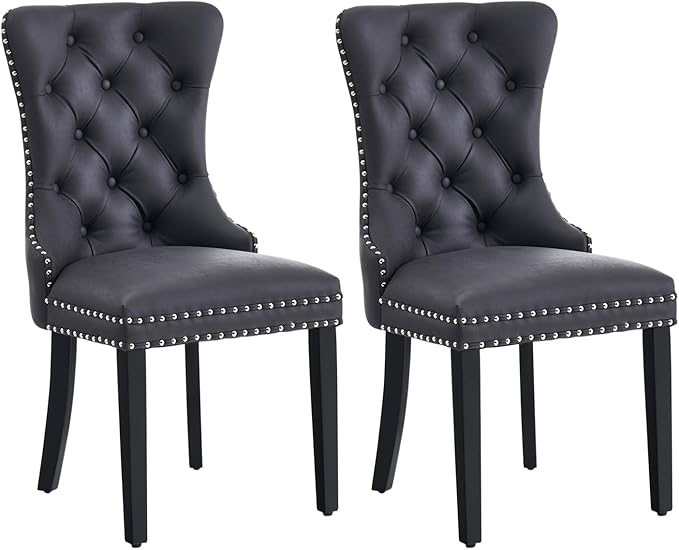 Kiztir Leather Dining Chairs Set of 2, Upholstered Dining Chair with Nailhead Trim and Solid Wood Legs, Luxury Wingback Dining Side Chair for Living Room, Bedroom, Kitchen (Black)