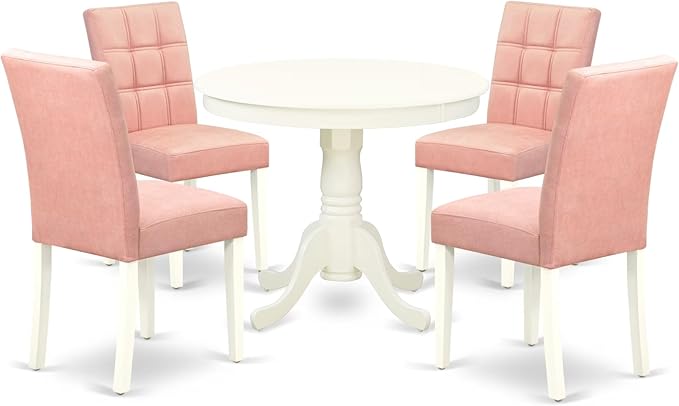 East West Furniture ANAS5-LWH-42 5 Piece Dinner Table Set contain A Dining Table and 4 Beige Red Polyester Fabric Wooden Chairs with Stylish Back- Linen White Finish