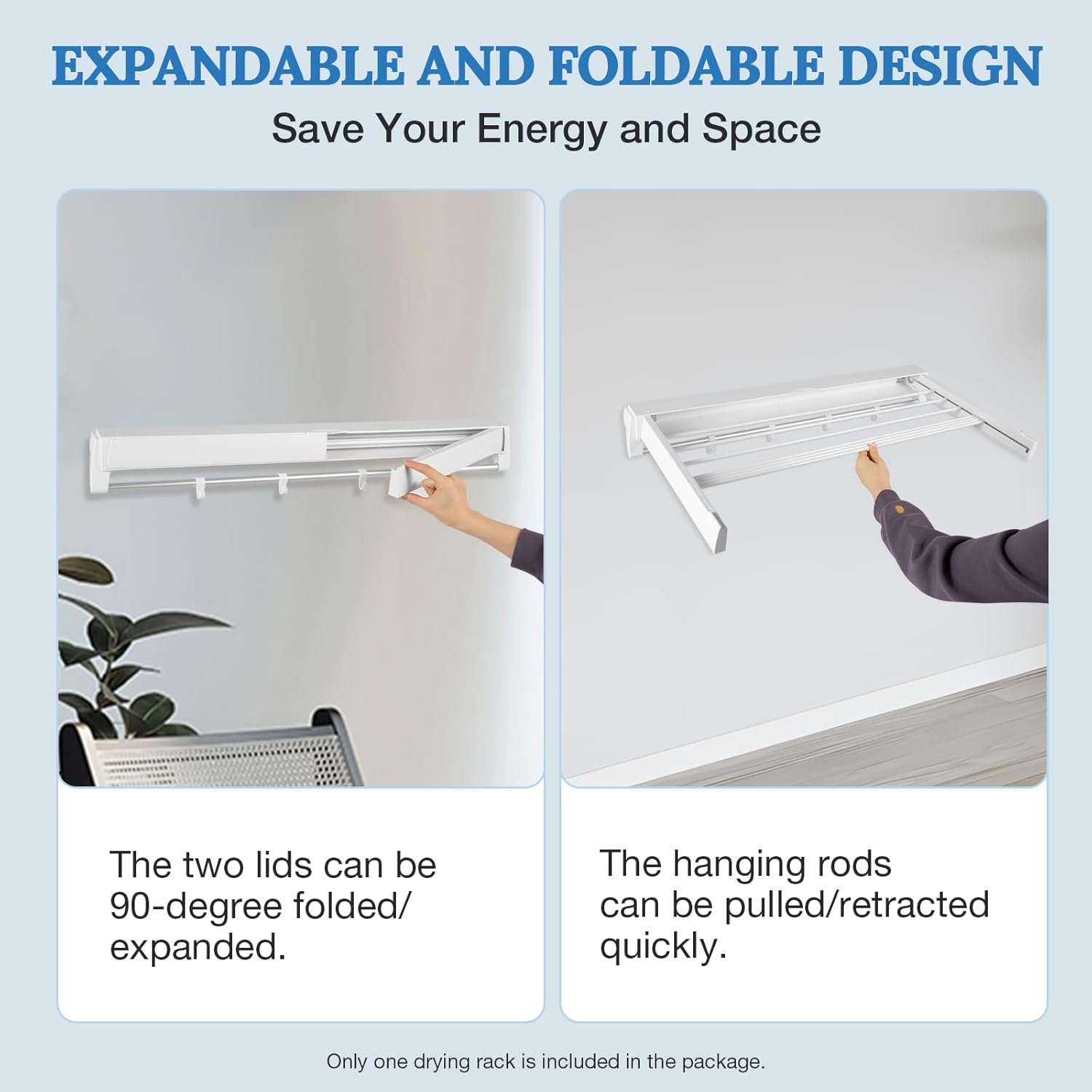 Wall Mounted Drying Rack, Foldable Wall Mount Laundry Rack Folding Indoor Drying Rack Clothing Collapsible with 4 Moveable Hooks and 7 Aluminum Drying Rods for Indoor Outdoor Hanging Clothes