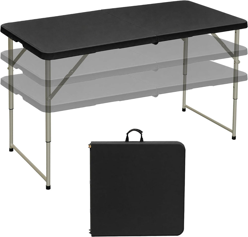 VECELO Folding Table 4 Ft, 3 Adjustable Height, Portable w/Handle, Black | Fo...