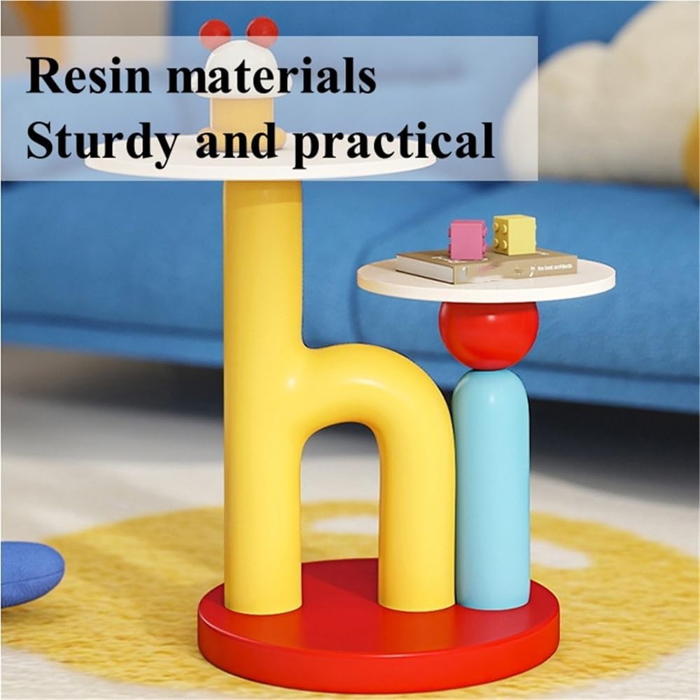 Round End Table with Double-Layer Tabletop, Cute HI-Shape Side Table, Colorfu...