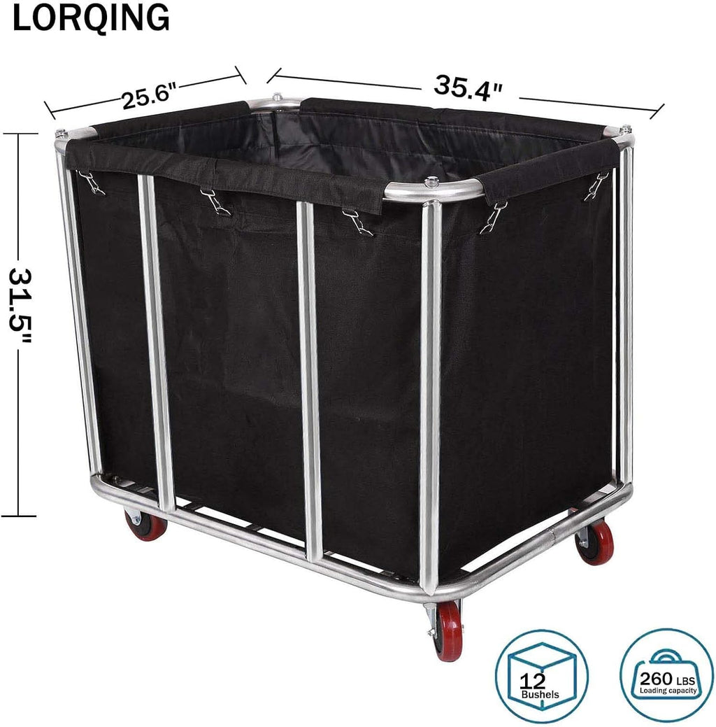 12 Bushels Laundry Cart Commercial/Home,Heavy Duty Large Stainless Steel Rolling Laundry Basket with Wheels，for Laundry Organizer and Storage,260LBS Load (12 Bushels - Black - 8 Tubes)