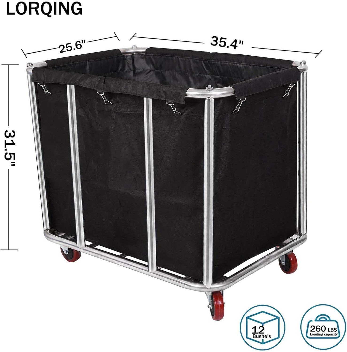 12 Bushels Laundry Cart Commercial/Home,Heavy Duty Large Stainless Steel Rolling Laundry Basket with Wheels，for Laundry Organizer and Storage,260LBS Load (12 Bushels - Black - 8 Tubes)