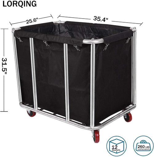12 Bushels Laundry Cart Commercial/Home,Heavy Duty Large Stainless Steel Rolling Laundry Basket with Wheels，for Laundry Organizer and Storage,260LBS Load (12 Bushels - Black - 8 Tubes)