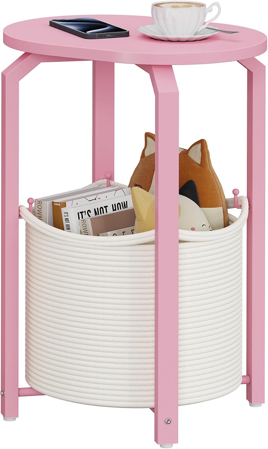 TUTOTAK Oval End Table with Woven Storage Basket, Pink Small Side Table for L...