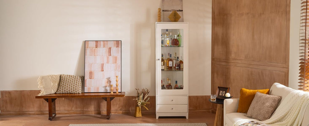 71'' Freestanding Display Cabinet with 2 Storage Drawers, Upholstered...