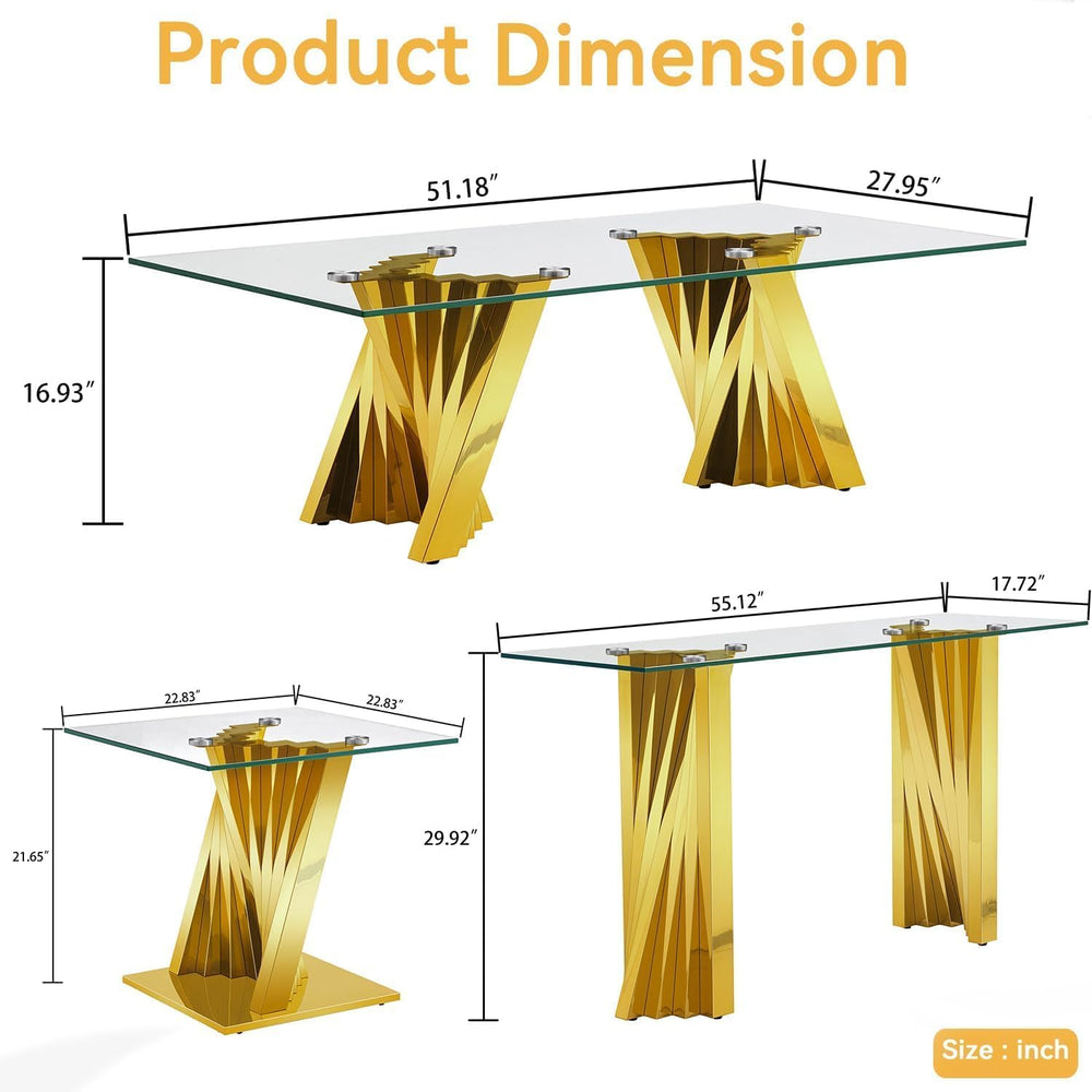 3 Piece Gold Living Room Table Set, Rectangular Modern Glass Coffee Table, Co...