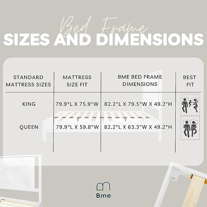Bme Vivian 14 Inch Deluxe Bed Frame with Headboard, Rustic & Scandinavian Style with Solid Acacia Wood, No Box Spring Needed, 12 Strong Wood Slat Support, Easy Assembly, King, Rustic White