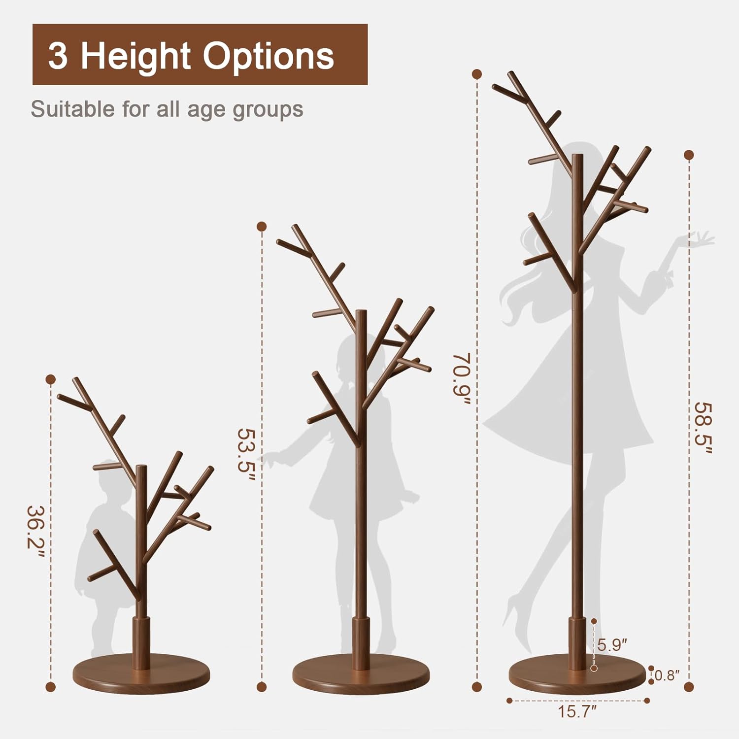 Muwuele Coat Rack, Solid Wood Coat Rack Freestanding With 12 Hooks, Coat Tree Freestanding Heavy Duty 3 Adjustable Heights For Coat, Hats, Handbags, Coat Hanger Stand For Entryway, Bedroom, Walnut
