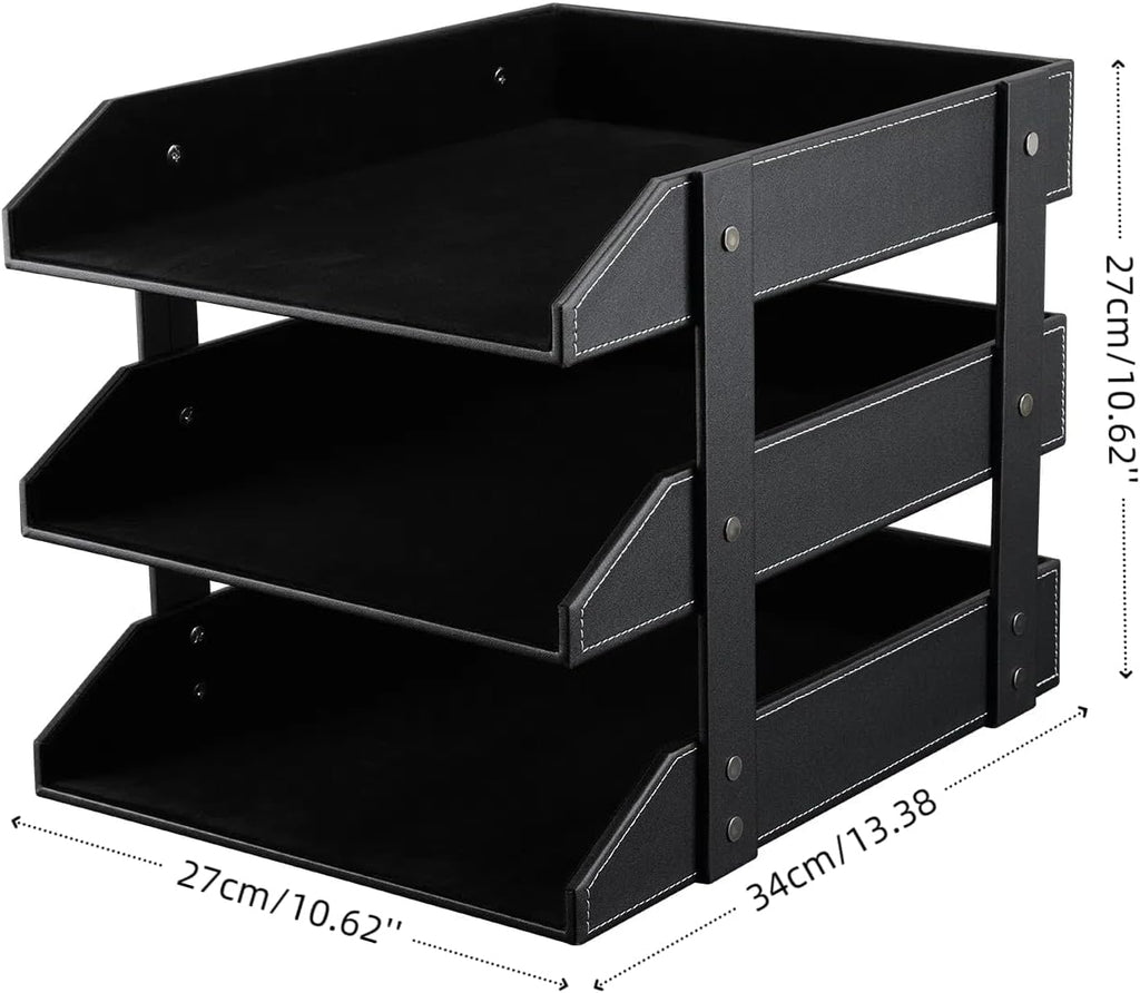 KINGFOM Letter Tray, Leather Paper Organizer Tray, Wooden Desk File Holder, Desktop File, Stackable Magazine Holder, Mail Sorter, Great for Home or Office - 3 Level Black