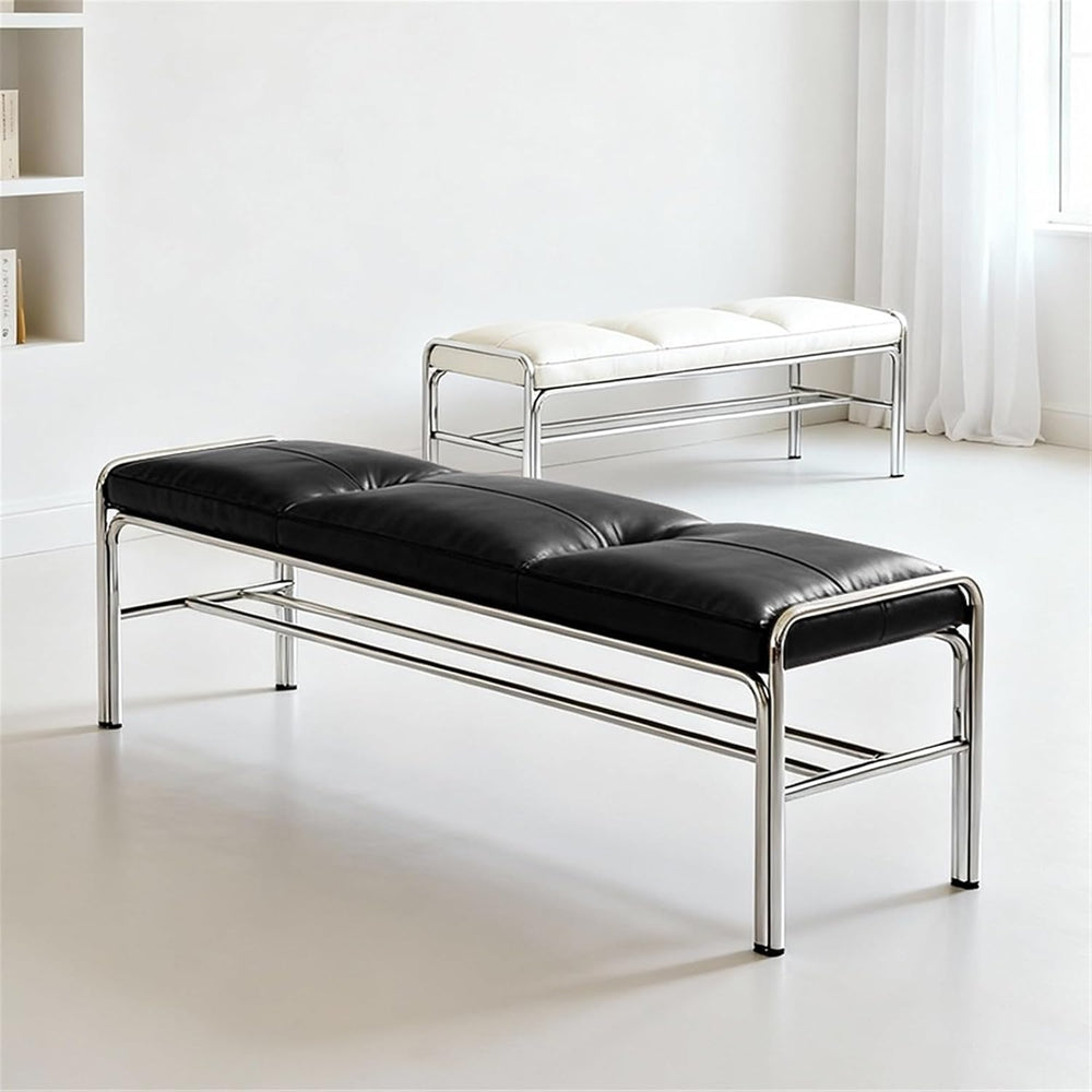 Modern Stainless Steel Long Bench with White Leather Cushion Home-use Soft-Pa...