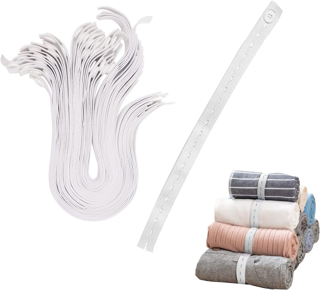 LELE LIFE 30Pcs Roll-up Clothes Storage Elastic Band, Adjustable Clothing Storage Strap with Button and Buttonholes, Travel Luggage Space Saver, Drawer and Closet Organizer, White