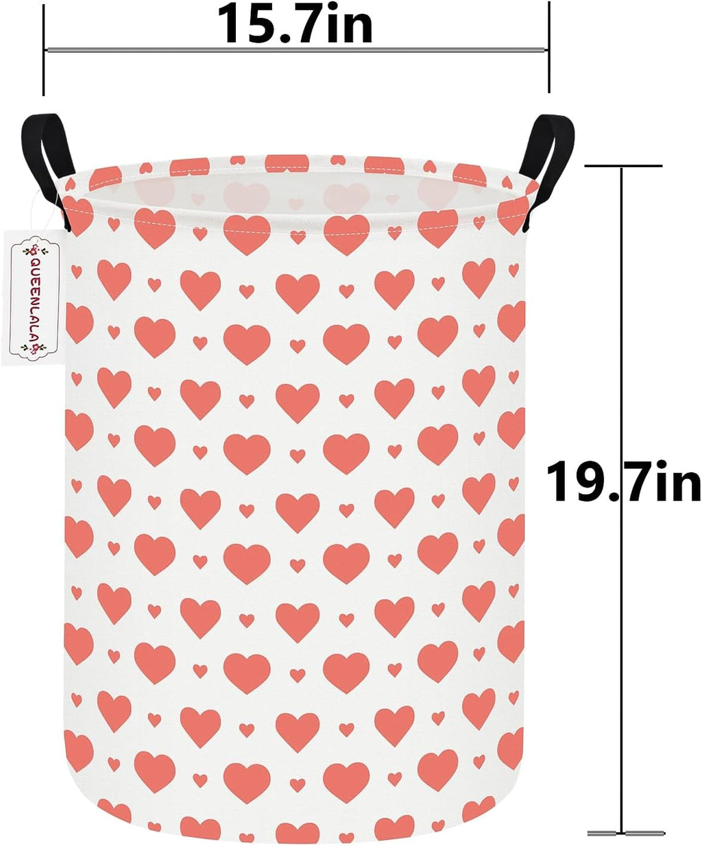 QUEENLALA Large Foldable Round Storage Basket Laundry Hamper, Pink Heart | 19.7"H x 15.15"D, waterproof & easy wipe. Folds flat to save space. Ideal for bedroom, bathroom, closet
