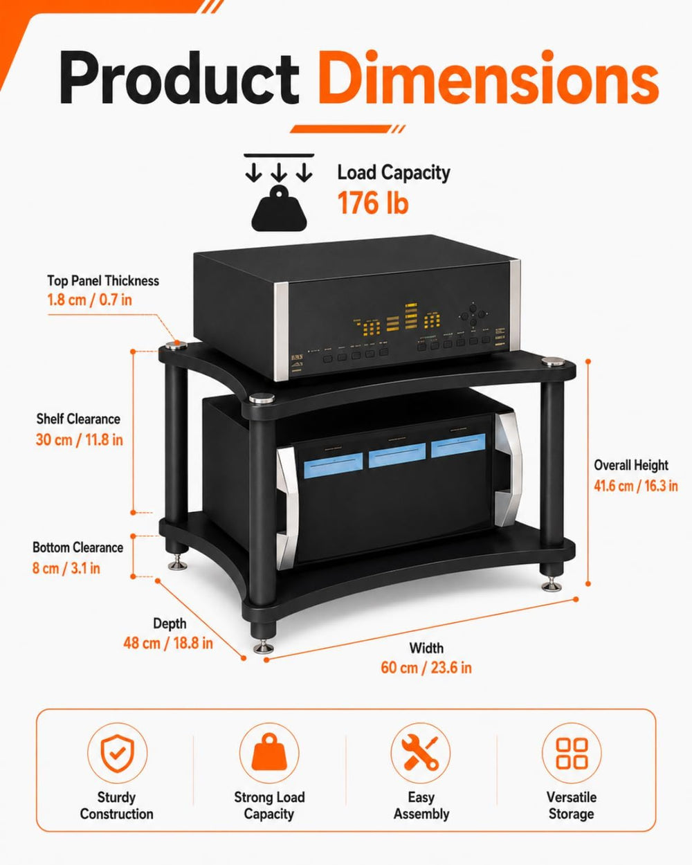 Heavy Duty 2-Tier AV Media Stand, 176 lb Load Capacity, Black | anti-vibratio...