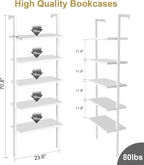 5-Tier Book Shelf Rack Against The Wall, Tall Ladder Shelf Wooden, Single Standing Bookshelf Ladder for Living Room, Bedroom, Balcony, Home Office, White/White