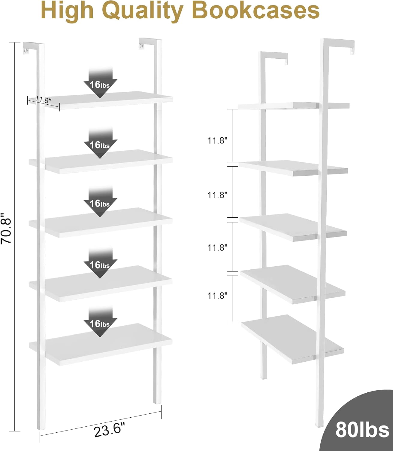 5-Tier Book Shelf Rack Against The Wall, Tall Ladder Shelf Wooden, Single Standing Bookshelf Ladder for Living Room, Bedroom, Balcony, Home Office, White/White