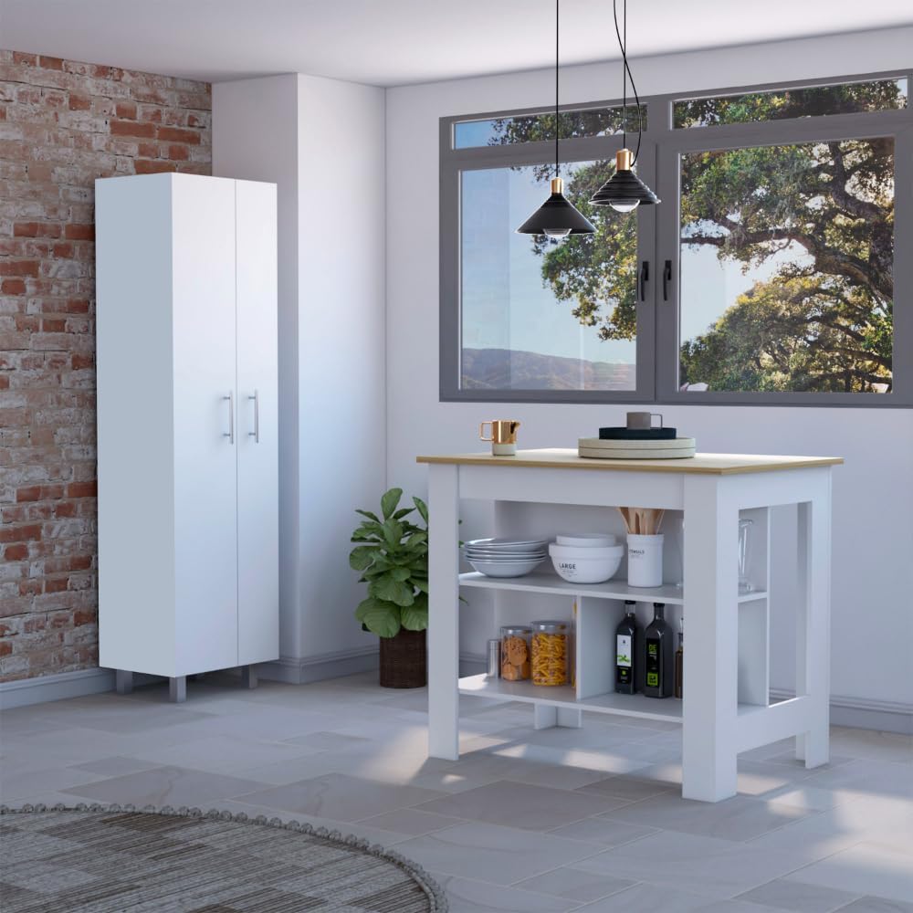 9-Shelf 2-Door 2-Piece Kitchen Set with Island and Pantry in White | Combines...