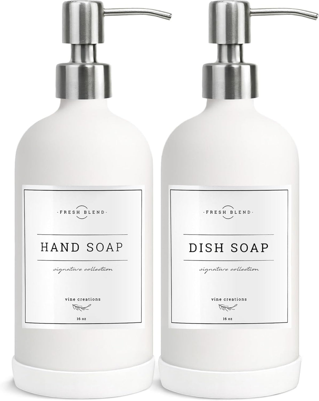Vine Creations White Glass Soap Dispenser, 2 Pack Kitchen Soap Dispenser Set with Stainless Steel Pump, 16 oz Dish Soap and Hand Soap Dispensers for Bathroom with Waterproof Labels