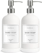 Vine Creations White Glass Soap Dispenser, 2 Pack Kitchen Soap Dispenser Set with Stainless Steel Pump, 16 oz Dish Soap and Hand Soap Dispensers for Bathroom with Waterproof Labels