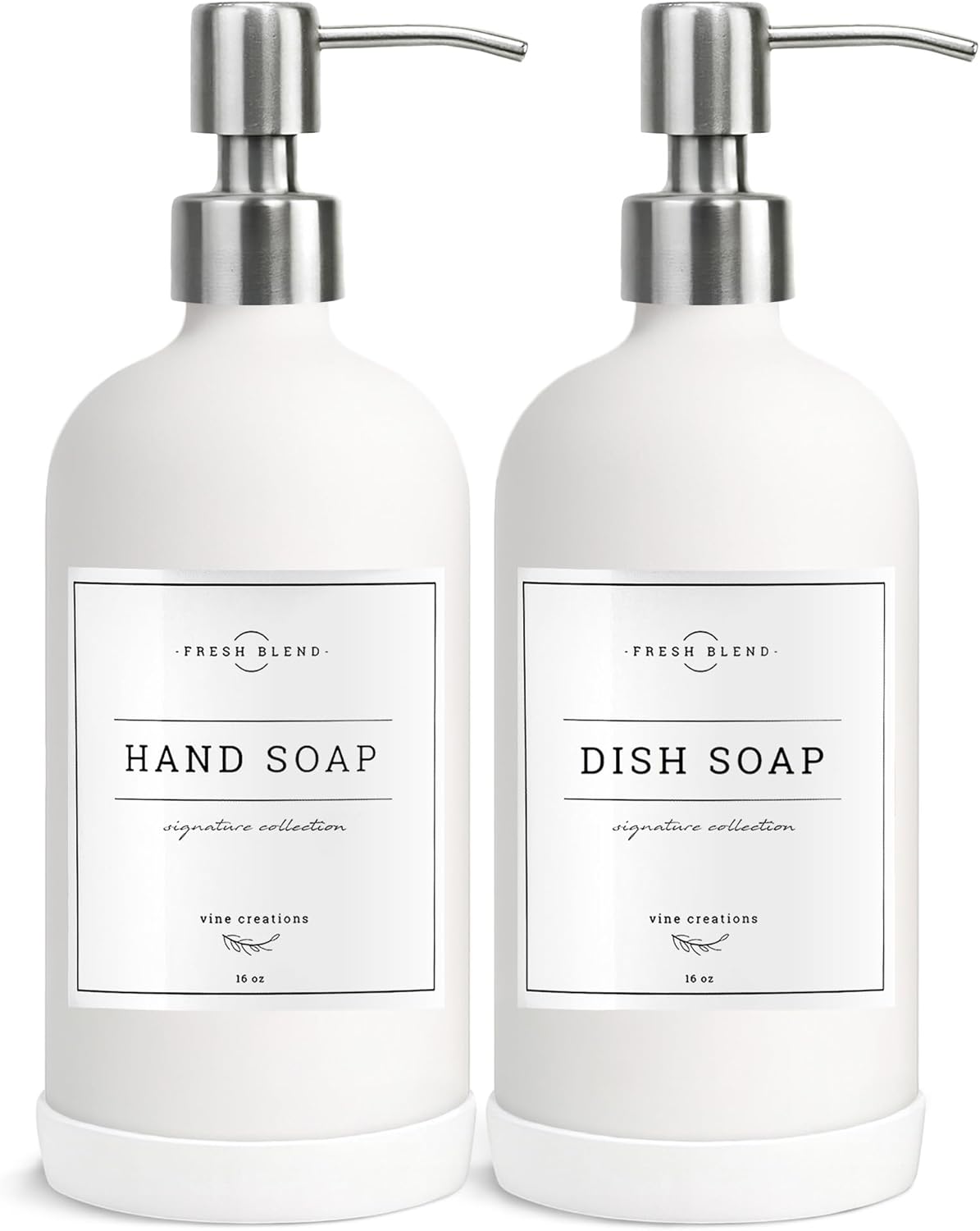 Vine Creations White Glass Soap Dispenser, 2 Pack Kitchen Soap Dispenser Set with Stainless Steel Pump, 16 oz Dish Soap and Hand Soap Dispensers for Bathroom with Waterproof Labels