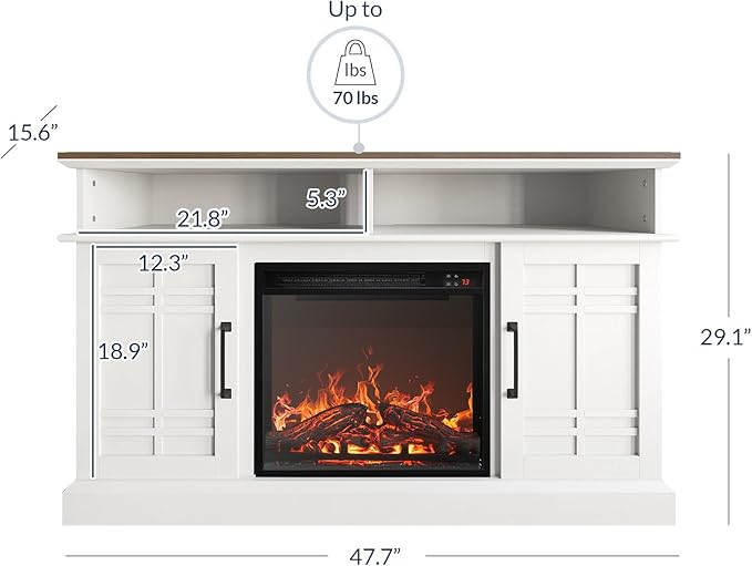 BELLEZE 48" TV Stand with 18" Electric Fireplace Heater, Modern TV Stand for TVs up to 50", Entertainment Media Stand with Open Shelves and Storage Cabinets for Living Room, Bedroom (White)