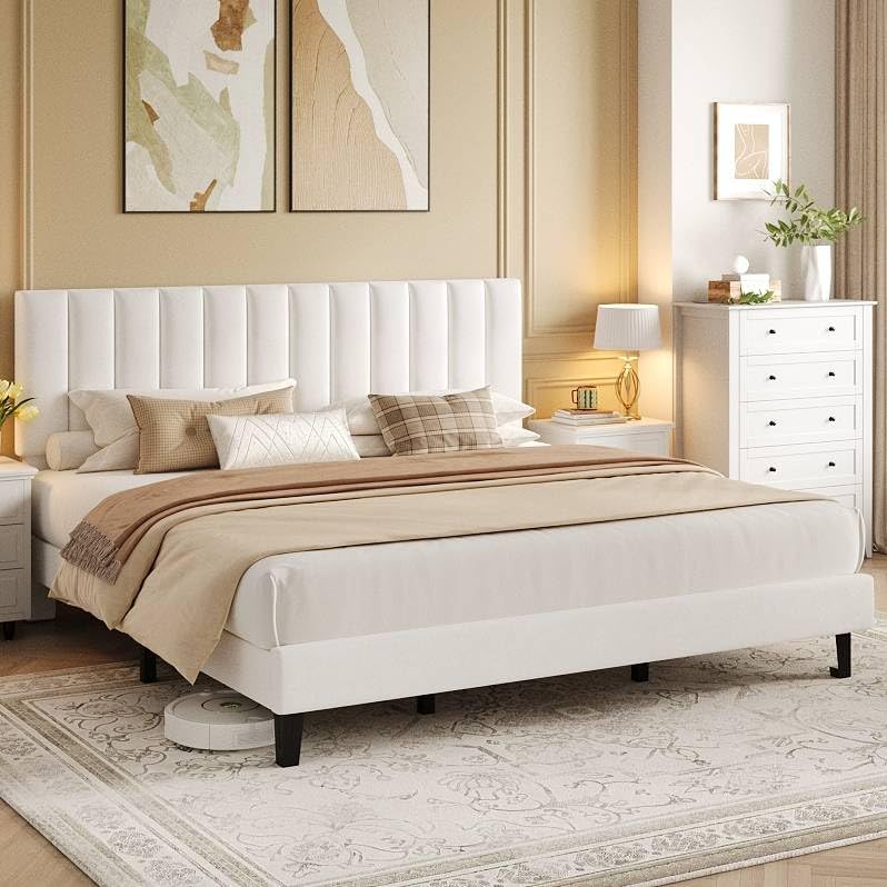 IDEALHOUSE King Size Velvet Upholstered Bed Frame, White