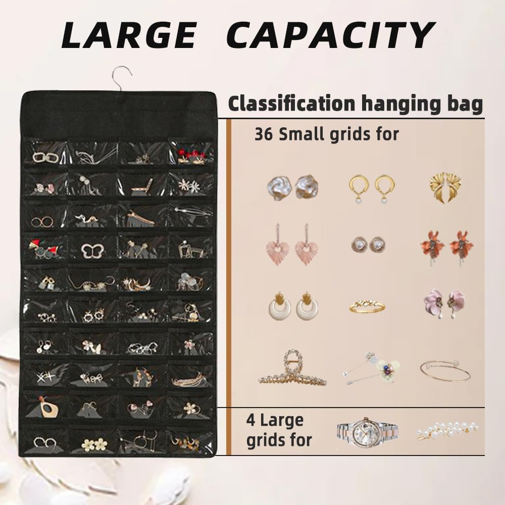 Hanging Jewelry Organizer Storage Earring Jewelry Storage Bag With 48 Pockets Necklace Bracelet Ring Glasses Accessory Display Rack (B80-Black)