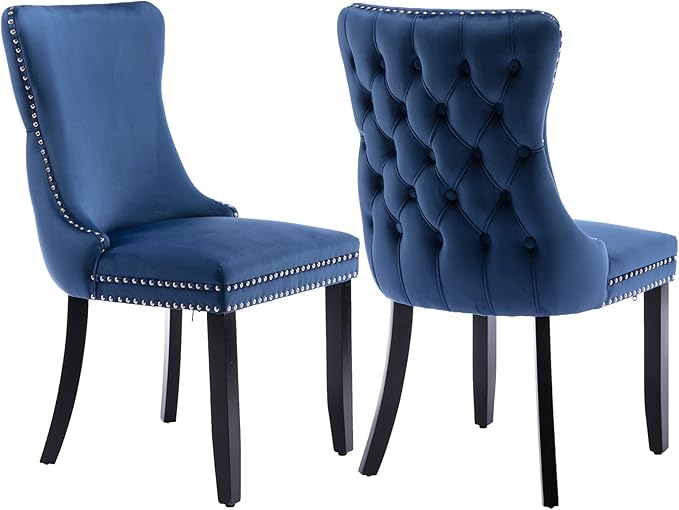 Modern Dining Chairs Set of 2, Upholstered Dining Chair with Full Back and Button Tufting, Blue Velvet Accent Chair, Sillas de Comedor, Comfy Kitchen Chairs (Blue, Velvet, 2Pcs)