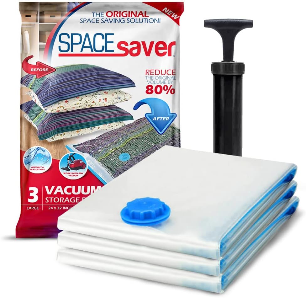 3 Pack Large Vacuum Storage Bags for Comforters, Blankets & Clothes – Vacuum Sealed Compression Bags with Hand Pump – Space Saver Storage Bags for Bedding, Moving, Travel & Organization