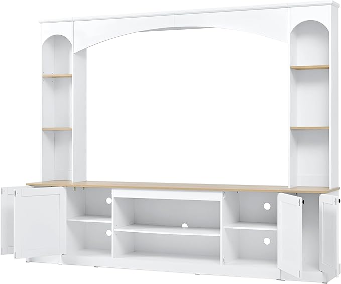 Farmhouse Arched Entertainment Center Wall Unit with Bookshelf, Large TV Stand with Wood Grain for TVs Up to 70", 91inch Media Console with Adjustable Shelves for Living Room (White/F1)