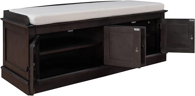 Vintage Hallway Storage Bench with 4 Doors and Adjustable Shelves,Entryway Shoe Rack W/Removable Cushion,for Living Room Bedroom Porch,Espresso,42″