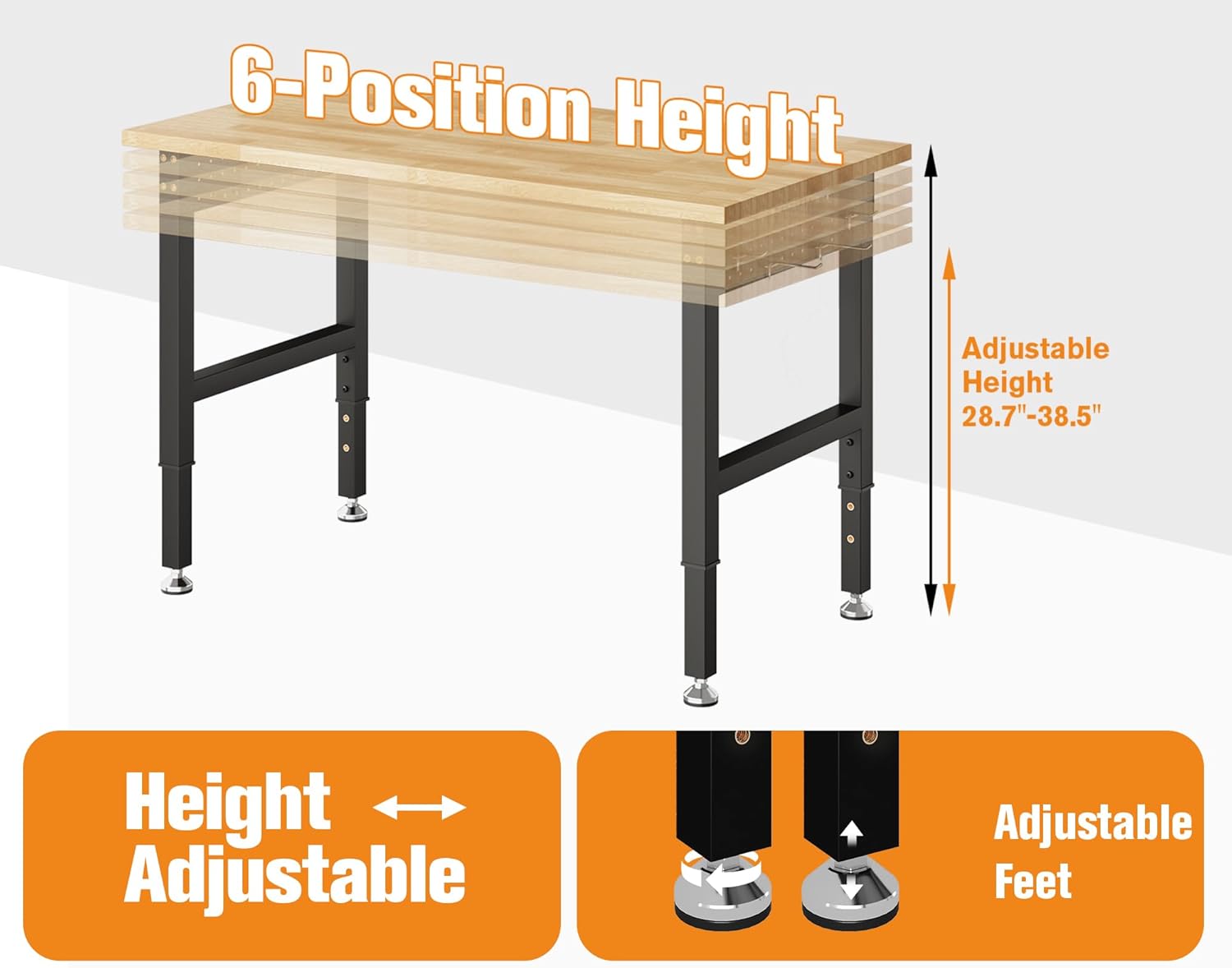 SPECRAFT Adjustable Heavy Duty Workbench with 4 AC Outlet and 2 USB Ports Power Outlets, 2000 Lbs Capacity, Rubber Wood Top for Garage, Workshop, Office