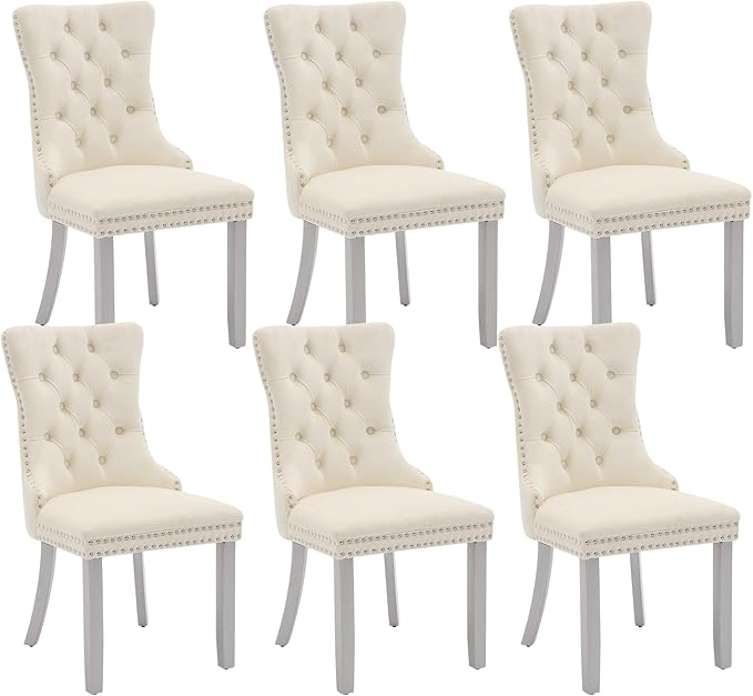 Velvet Dining Chairs Set of 6, Kitchen & Dining Room Chairs, Upholstered Dining Chairs with Back Ring Pull and Silver Solid Wood Legs, Modern Tufted Kitchen Chairs for Dining Room, Cream