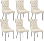 Velvet Dining Chairs Set of 6, Kitchen & Dining Room Chairs, Upholstered Dining Chairs with Back Ring Pull and Silver Solid Wood Legs, Modern Tufted Kitchen Chairs for Dining Room, Cream