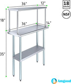 Stainless Steel Work Table with Wide Single Tier Overshelf | Metal Kitchen Prep Table & Shelving Combo (14" x 36" Work Table + 12" Overshelf)