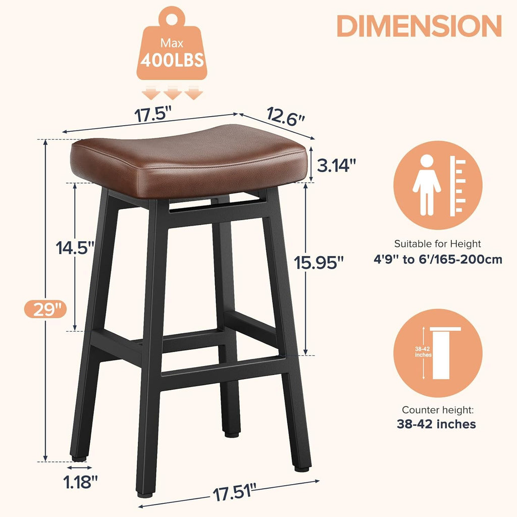 Raynesys 29 Inche Bonded Leather Counter Height Bar Stools Set of 2 Curved | Barstools with Curved Bonded Leather Seats & Heavy Duty Metal Legs for Kitchen Counter, Easy Assembly, Brown/Black