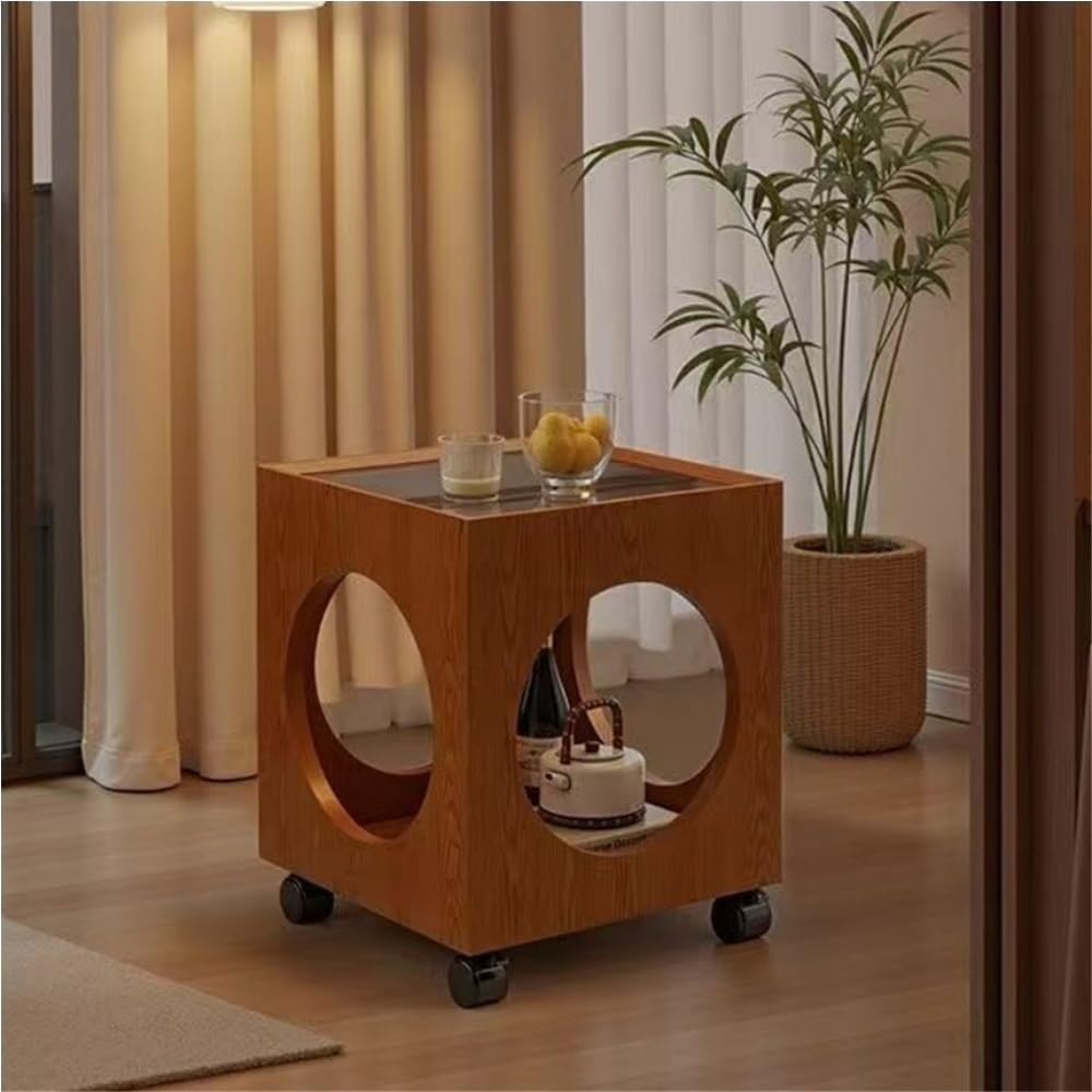 Vintage Rolling Side Table with Glass Top Wood Square Coffee Table 360° Wheel...