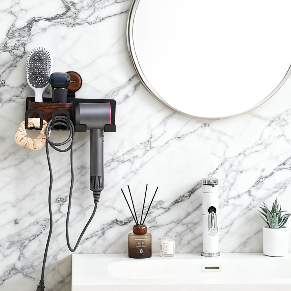 Hair Dryer Holder Wall Mount with Suction Cup, No-Drill Metal Blow Dryer Holder, Hair Accessories Tools Organizer Rack with 3 Toothbrush Hanger & Shelf, Walnut Finish for Bathroom