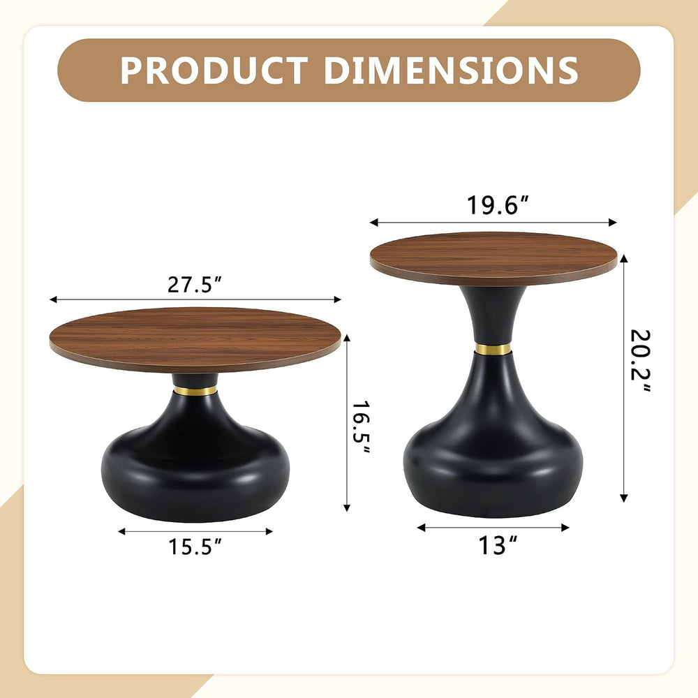 2-Piece Nesting Coffee Table Set, Walnut MDF Tops, Black Metal Bases
