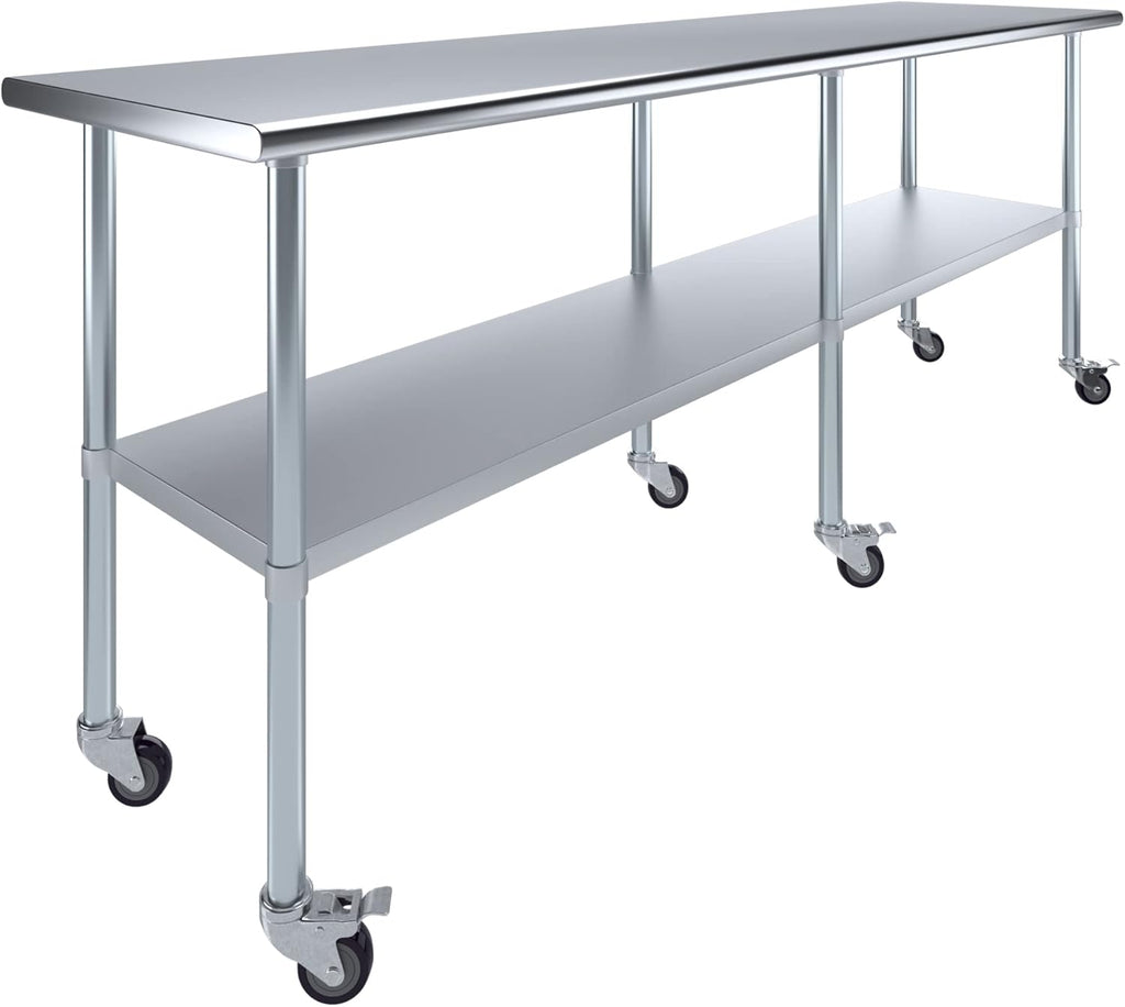 AmGood 24" x 96" Stainless Steel Work Table with Casters | Heavy Duty Metal Utility Table On Wheels | Kitchen Island Cart