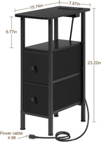 Narrow End Tables Living Room Set of 2 with Charging Station, Skinny Side Table with Fabric Drawers, Slim Nightstand for Bedroom, Small Spaces, Couch, Black, HETNDP02BK