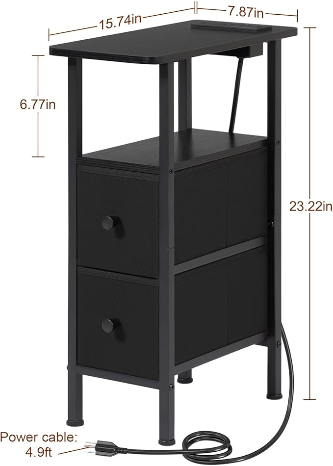 Narrow End Tables Living Room Set of 2 with Charging Station, Skinny Side Table with Fabric Drawers, Slim Nightstand for Bedroom, Small Spaces, Couch, Black, HETNDP02BK