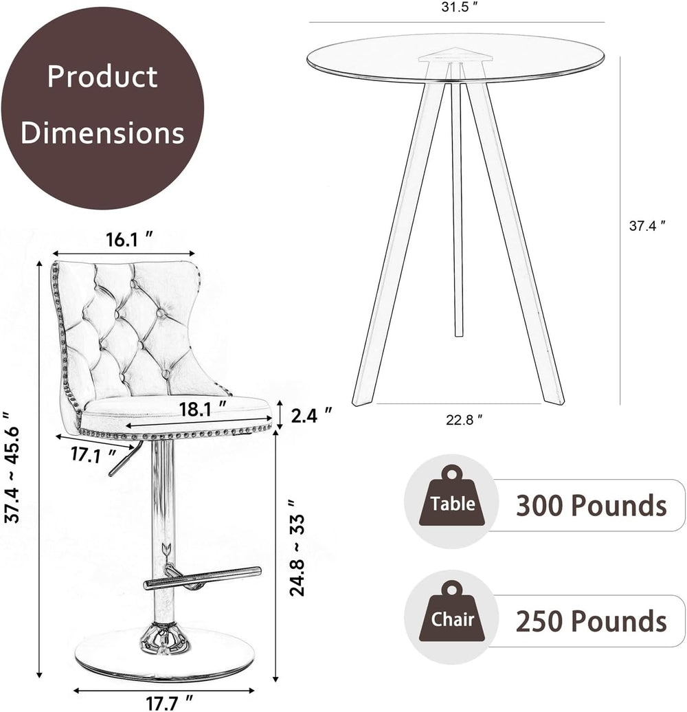 31.5'' Glass Round Bar Table with Stools Set for 2, Modern High Top P...